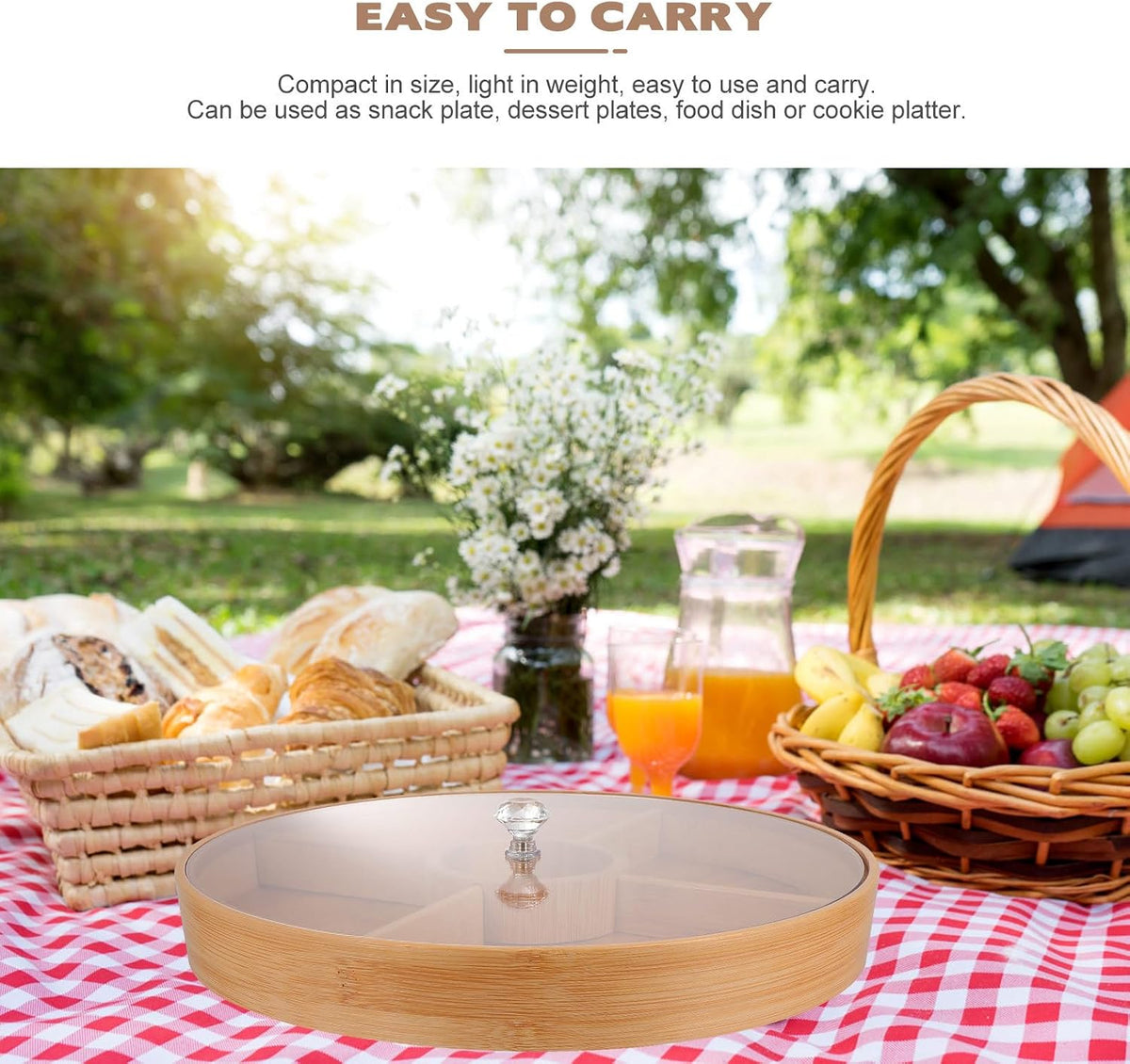 DOITOOL Bamboo Snack Tray with Lid 4-Compartment Divided Platter for Nuts Dried Fruit Candy Serving Food Storage Tray for Home Dining 11.81 X 11.81 X 1.96 in
