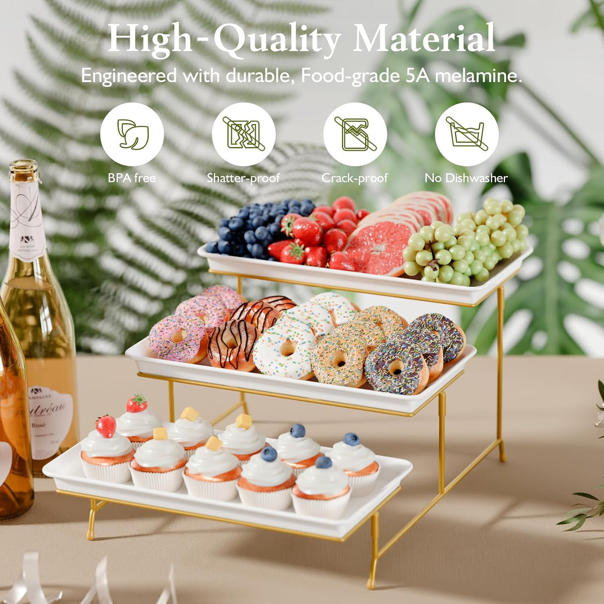 Bumusty 3-Tier Melamine Serving Tray Set, 14 x 7 in, Gold Stand