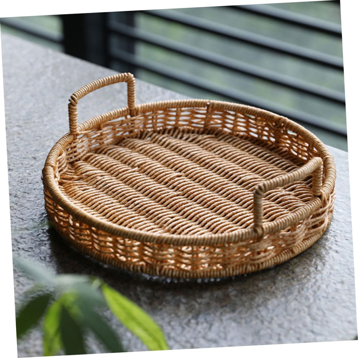 Woven Bread Basket Imitation Rattan Serving Tray with Handle 8.66 X 8.66 X 2.75 in for Fruit Snacks Dried Fruit Candy Kitchen Counter Home Hotel Shop
