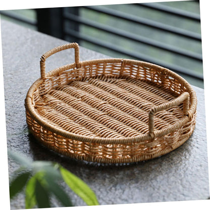 Woven Bread Basket Imitation Rattan Serving Tray with Handle 8.66 X 8.66 X 2.75 in for Fruit Snacks Dried Fruit Candy Kitchen Counter Home Hotel Shop