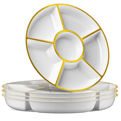 6 Sectional Round Plastic Serving Tray/Platters White W Silver Rim Pack of 2