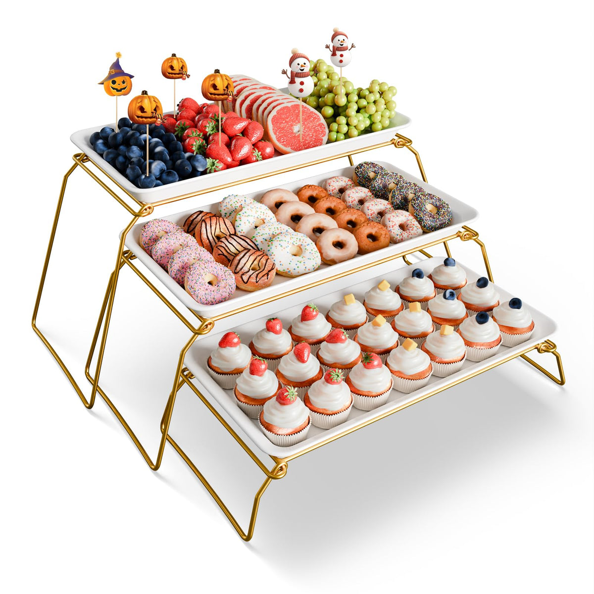 Bumusty Large 3-Tier Melamine Serving Tray Set, 17 x 8.7 in, Black Stand