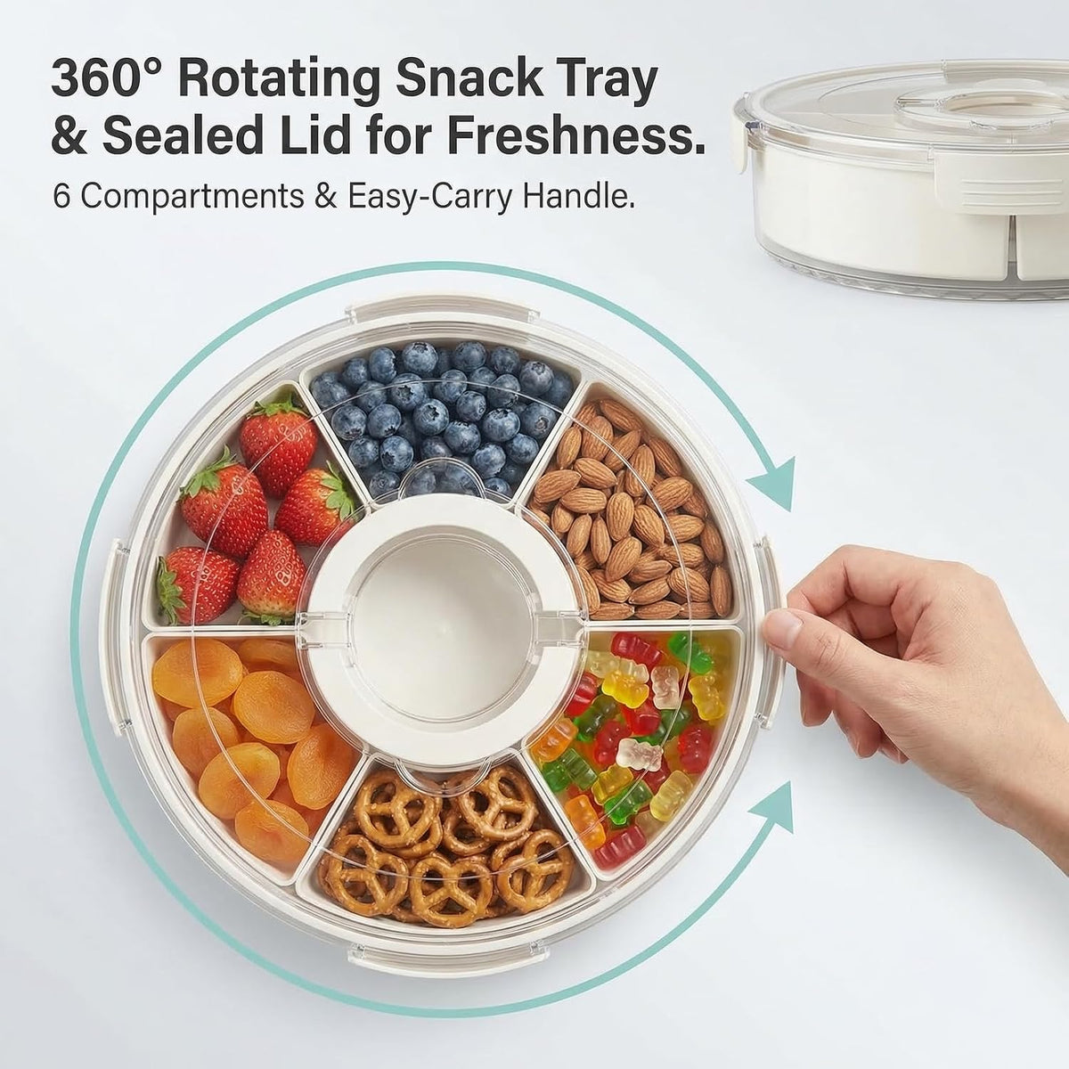 Snackle Box Container with Lid and Handle, 6-Compartment 360° Rotating Snack Tray, Portable Divided Serving Tray for Fruits Candy Nuts, Party Travel Home, 6 Compartments