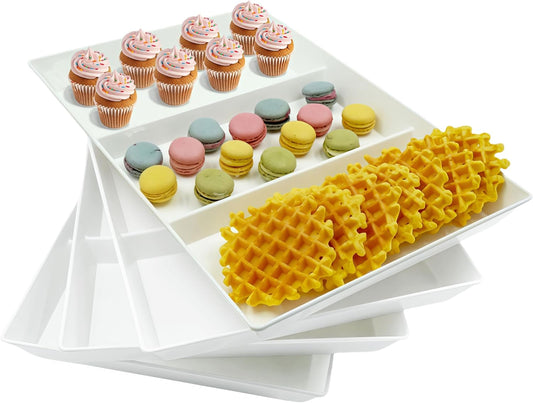 Divided Serving Tray Platter, 4 Pack 15" x 10" Fruit Veggie Food Tray for Party, Plastic Serving Trays for Appetizer, Snack, Dessert, Cookie, Brunch Decorations Platters, White Trays BPA-Free