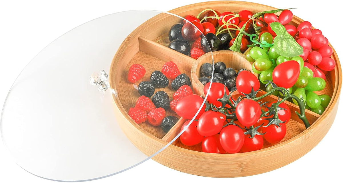 Hedume Bamboo Nuts Storage Platter Tray, Food Serving Tray with 5 Dining Grids, 12 Inches Dessert Fruit Veggie Food Serve Plate Tray for Party, Family Dinner, Holiday and Home Warming
