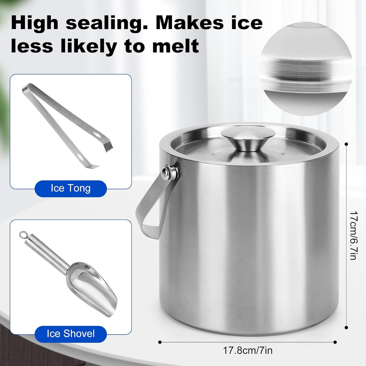 3L Double-Wall Stainless Steel Ice Bucket with Lid,Scoop,Tongs,Handle