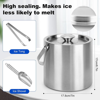 3L Double-Wall Stainless Steel Ice Bucket with Lid,Scoop,Tongs,Handle