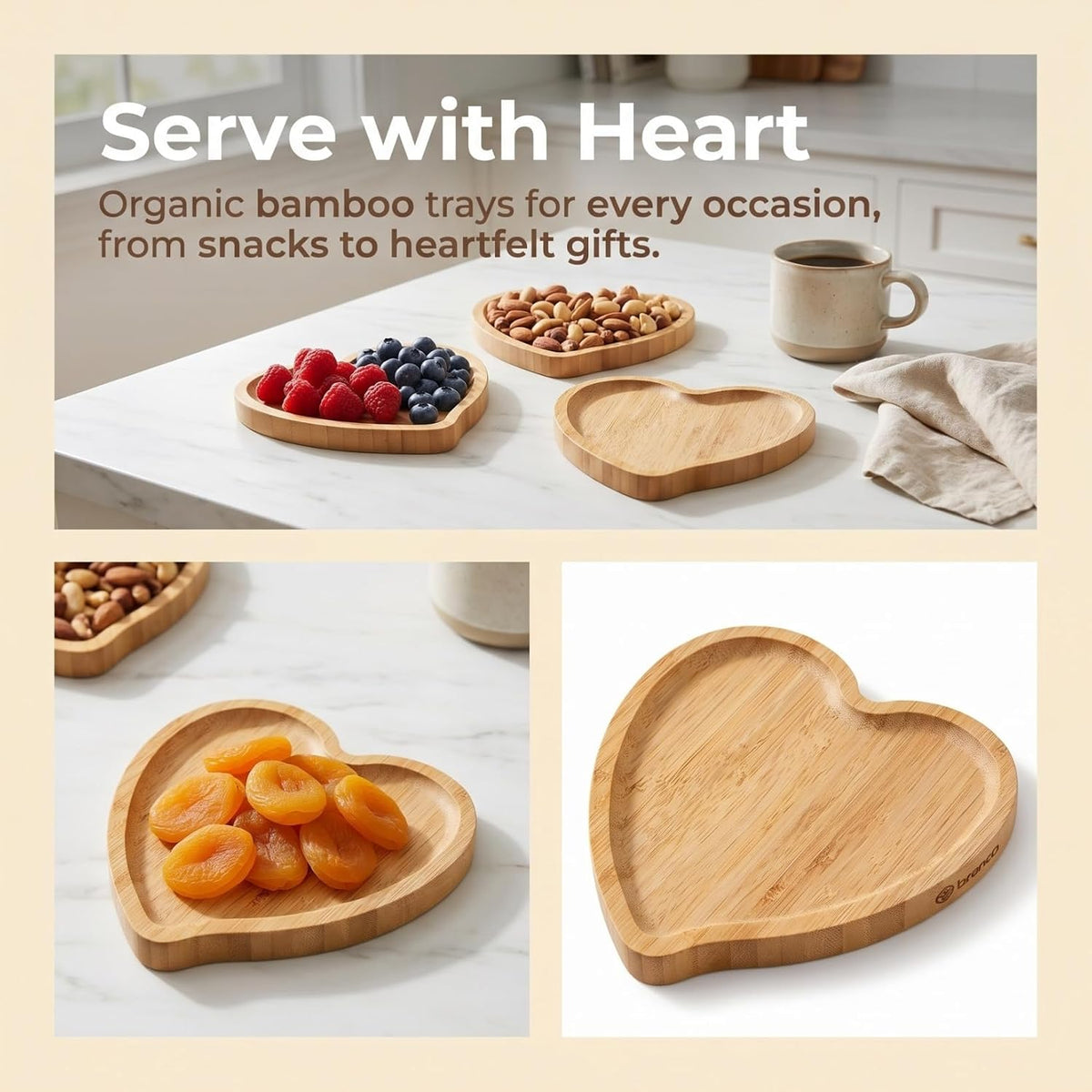 Cabilock Bamboo Serving Tray Heart Shaped 5 pack