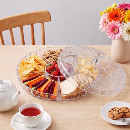 ZOOFOX Snack Serving Tray, 12" Appetizer Tray with Lid, 6 Compartments Round Plastic Food Storage Organizer for Dried Fruits, Nuts, Candies, Sweet Cookies and Fruits (Clear)