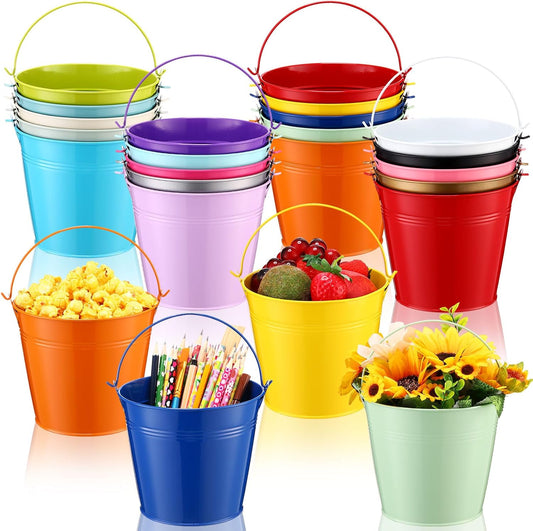 Bokon 24 Pack Colored Metal Small Buckets with Handle, 6 x 4.3 x 5 in