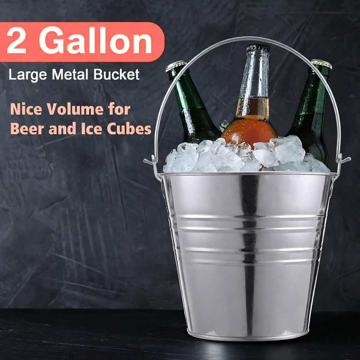 2 Gallon Natural Galvanized Steel Bucket/Pail with Handle | for Kitchen, Outdoor, Camping, Champagne Drink Cooler Storage Ice Pails, Succulents, Home Parties Bar Cooling Supplies, 8 Quarts