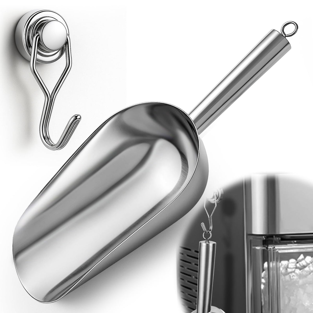 Juome 12oz Stainless Steel Ice Scoop for Freezer with Magnetic Holder