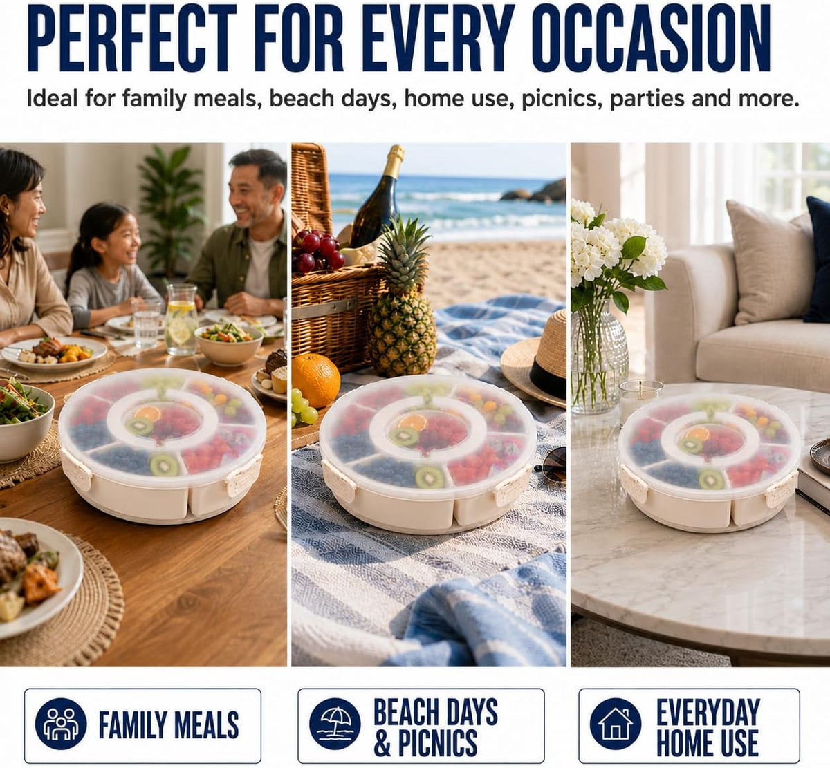 Rotating Divided Serving Tray with Lid, 6-Compartment Snackle Box