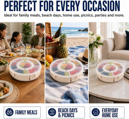 Rotating Divided Serving Tray with Lid, 6-Compartment Snackle Box