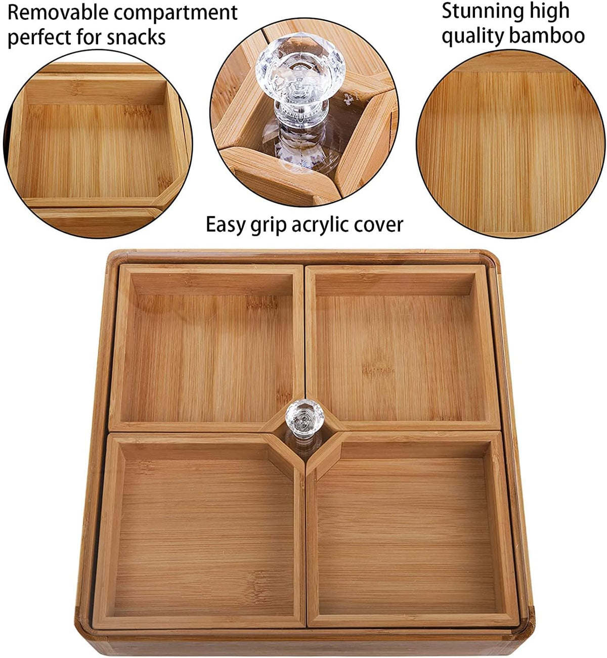 WUWEOT Bamboo Nut and Candy Serving Tray, Party Appetizer Platter Veggie Dish, Candy Bowl with Acrylic Lid & Removable Dividers for Party, Taco Dip Parties Platters & Chip Bowls