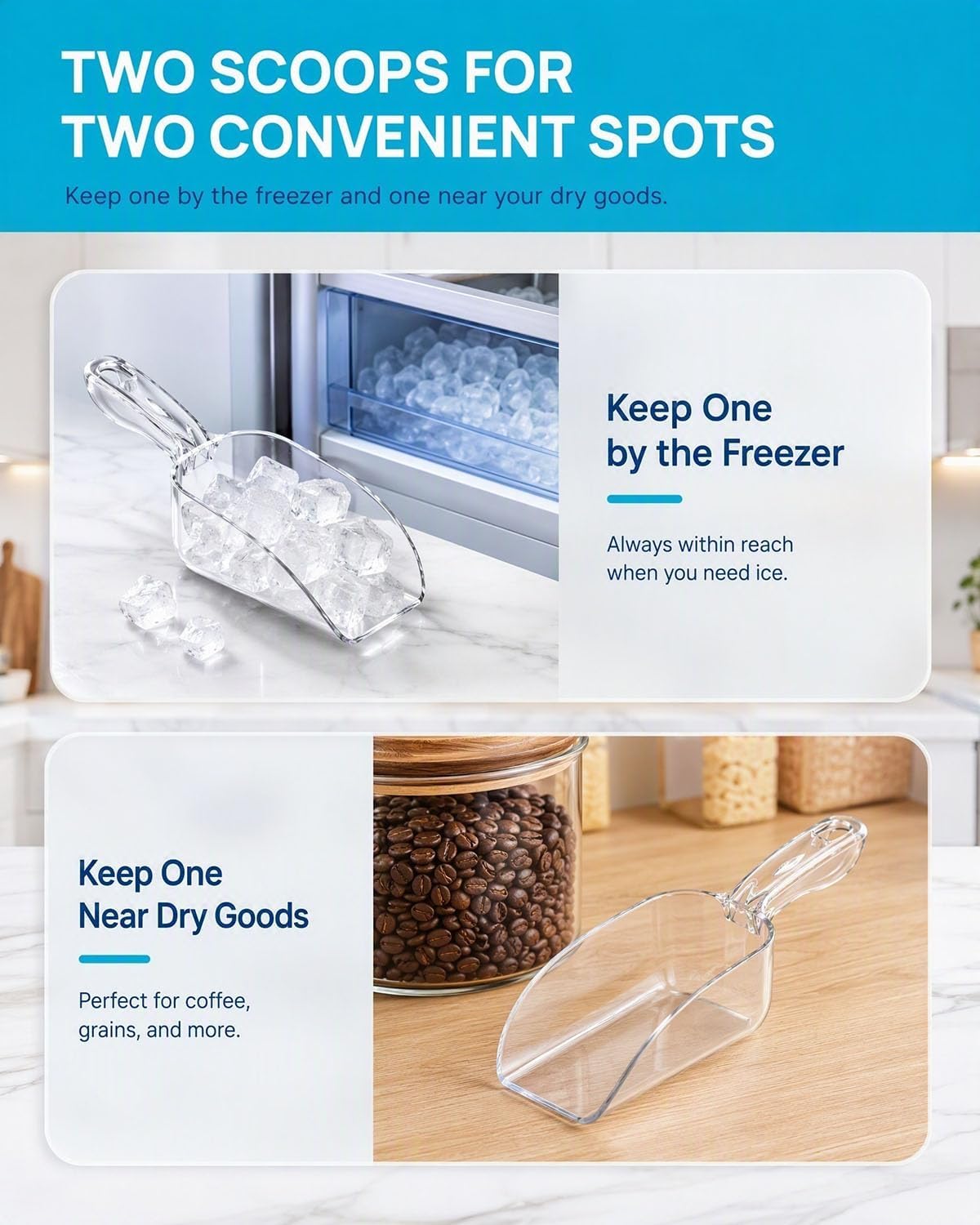 Kichvoe 2Pcs Clear Plastic Ice Scoop, Ergonomic Food Scoops 8.45x2.36in
