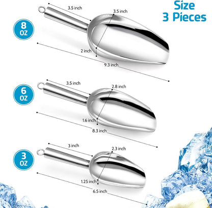 P&P CHEF Ice Scoop Set of 3, Stainless Steel Food Scoop,3+6+8 Oz & Silver