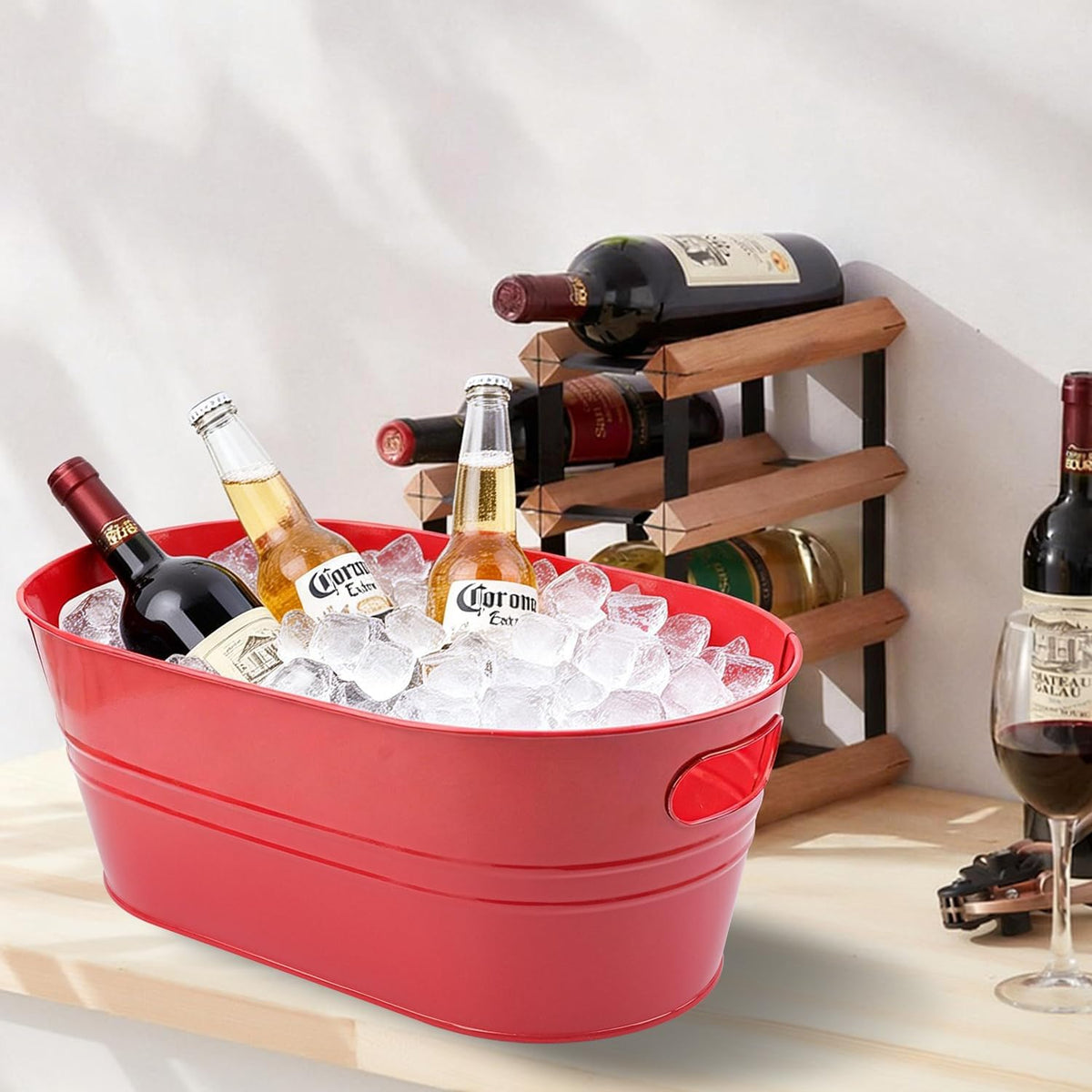 3 Pack 15.3" x 9" x 6" Red Metal Galvanized Tub with Handles, 3 Gallon Large Beverage Tubs for Parties, Beer, Wine, and Cocktails, Rust-Proof and Durable Ice Buckets