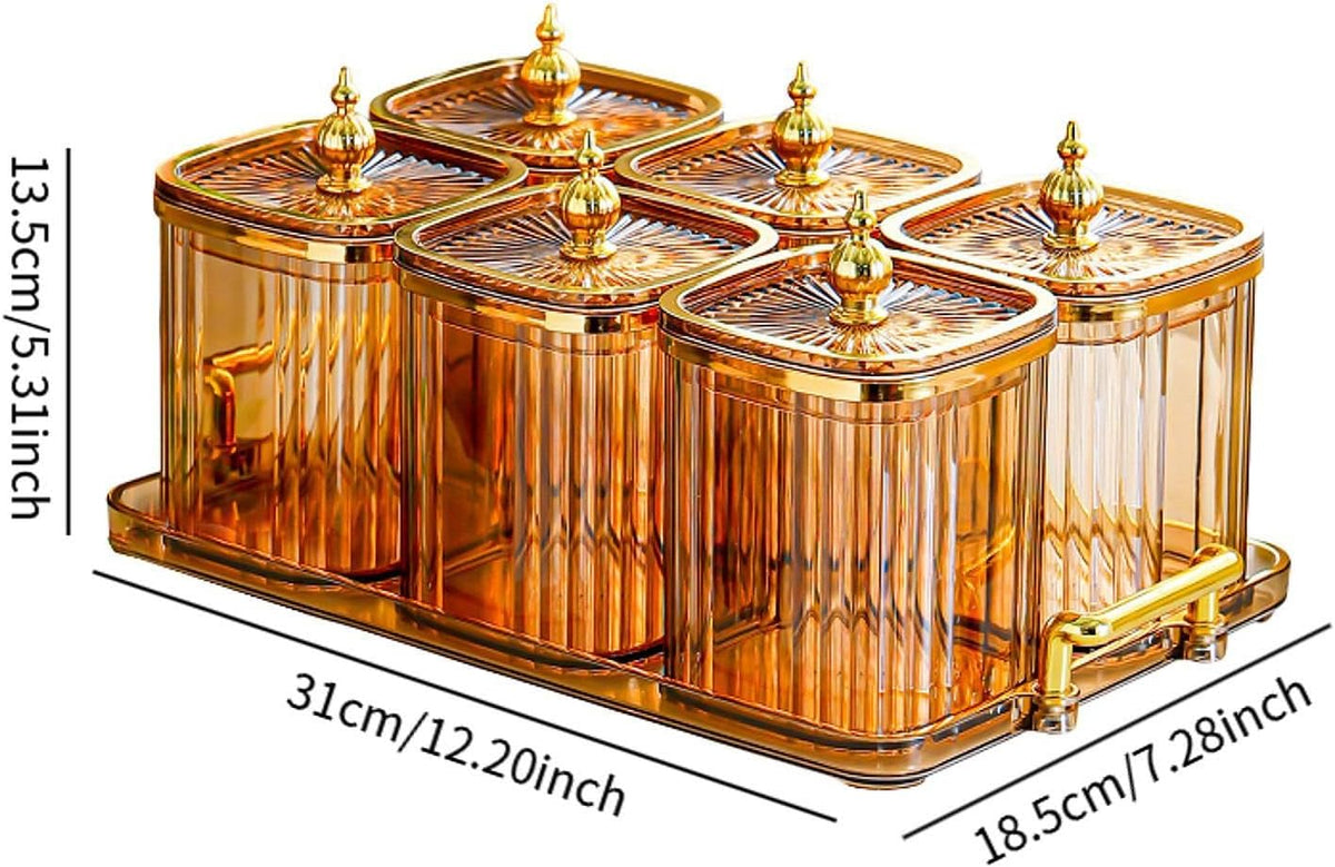 Dry Fruit Jars with Lid Set, Dustproof Multifunctional with Tray Snack Container,Sugar Jars for Dining Room Kitchen, Amber