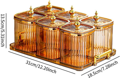 Dry Fruit Jars with Lid Set, Dustproof Multifunctional with Tray Snack Container,Sugar Jars for Dining Room Kitchen, Amber