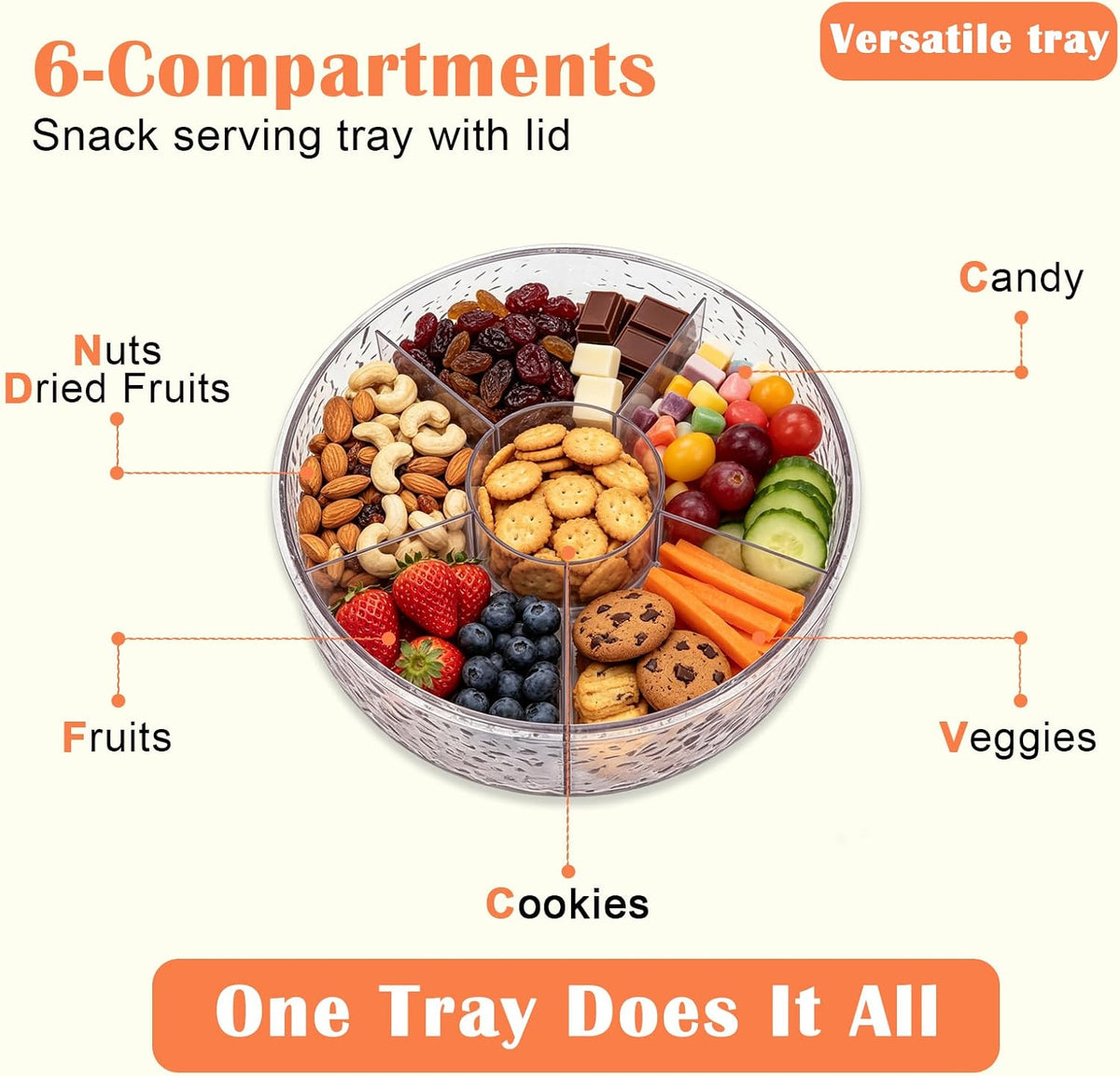 Snack Tray with Lid, 6-Compartment Clear Storage Box