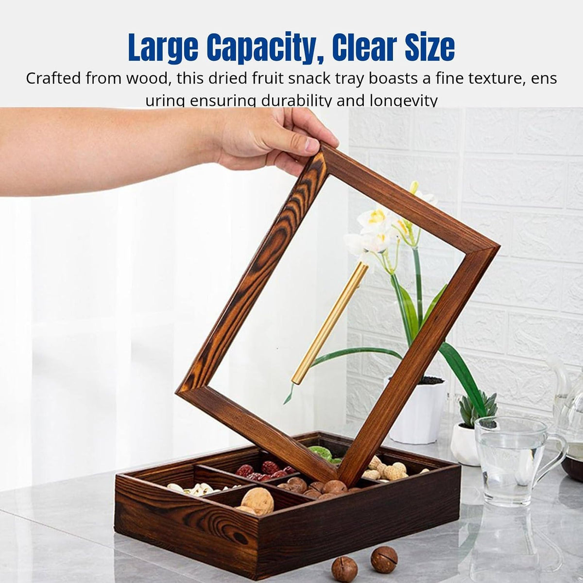 Divided Serving Tray with Lid, Wooden Snack Serving Tray for Nuts, Candy, Cookies, Dried Fruit and Sweets, Rectangle Snack Storage Box with Handle for Party, Family Gathering, Tea Table and Home Decor