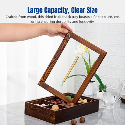 Divided Serving Tray with Lid, Wooden Snack Serving Tray for Nuts, Candy, Cookies, Dried Fruit and Sweets, Rectangle Snack Storage Box with Handle for Party, Family Gathering, Tea Table and Home Decor