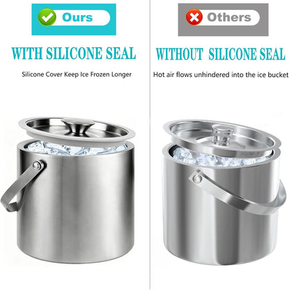 3L Double-Wall Stainless Steel Ice Bucket with Lid,Scoop,Tongs,Handle
