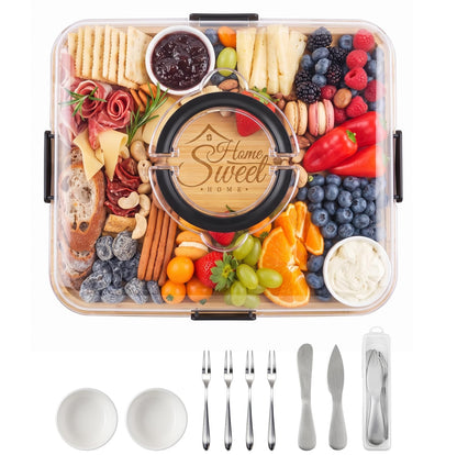 Portable Bamboo Charcuterie Board with Lid, 6 Compartments