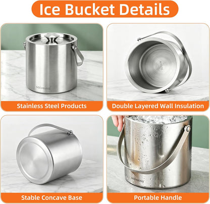 3L Double-Wall Stainless Steel Ice Bucket with Lid, Scoop, Tongs & Handle – Insulated Ice Container for Parties, Bar, and Camping – Keeps Ice Frozen Longer