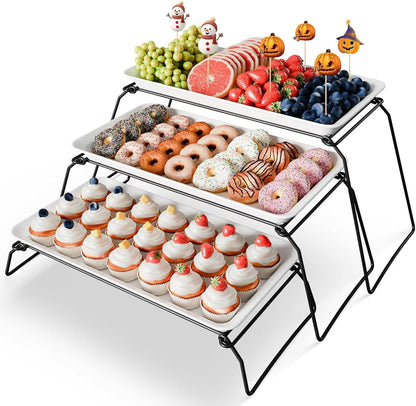 Bumusty Large 3-Tier Melamine Serving Tray Set, 17 x 8.7 in, Black Stand