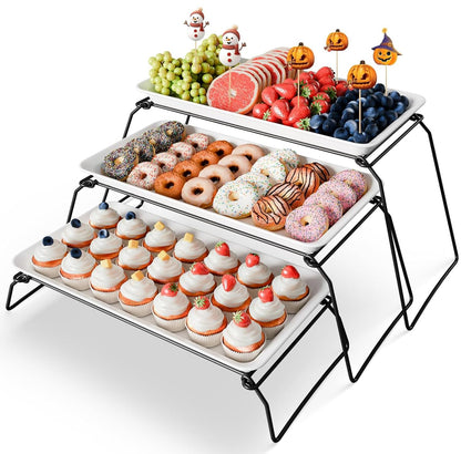 Bumusty Large 3-Tier Melamine Serving Tray Set, 17 x 8.7 in, Black Stand