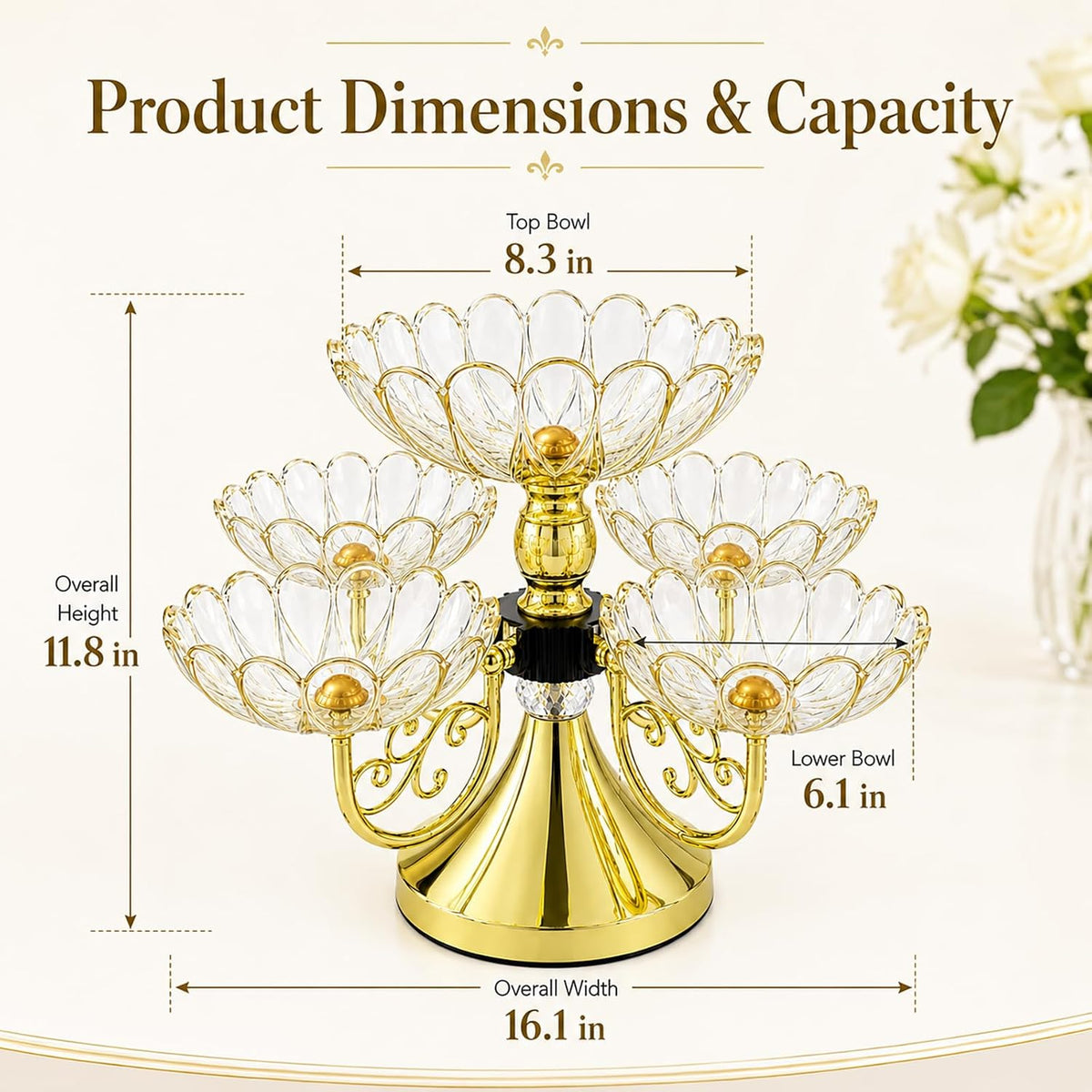 Rotating Snack Serving Tray with 5 Petal-Shaped Bowls, Luxury Divided Serving Dishes for Candy, Dried Fruit Plate for Living Room, Party, Table Decoration