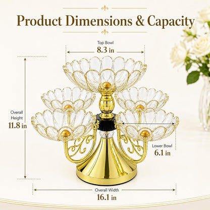 Rotating Snack Serving Tray with 5 Petal-Shaped Bowls, Luxury Divided Serving Dishes for Candy, Dried Fruit Plate for Living Room, Party, Table Decoration