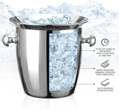 Ice Bucket, Large Ice Bucket for Parties, 5L Portable Stainless Steel Wine Buckets with Handle for Champagne, Beer, Cocktails, Indoor, Outdoor, Camping, Picnic(Silver)
