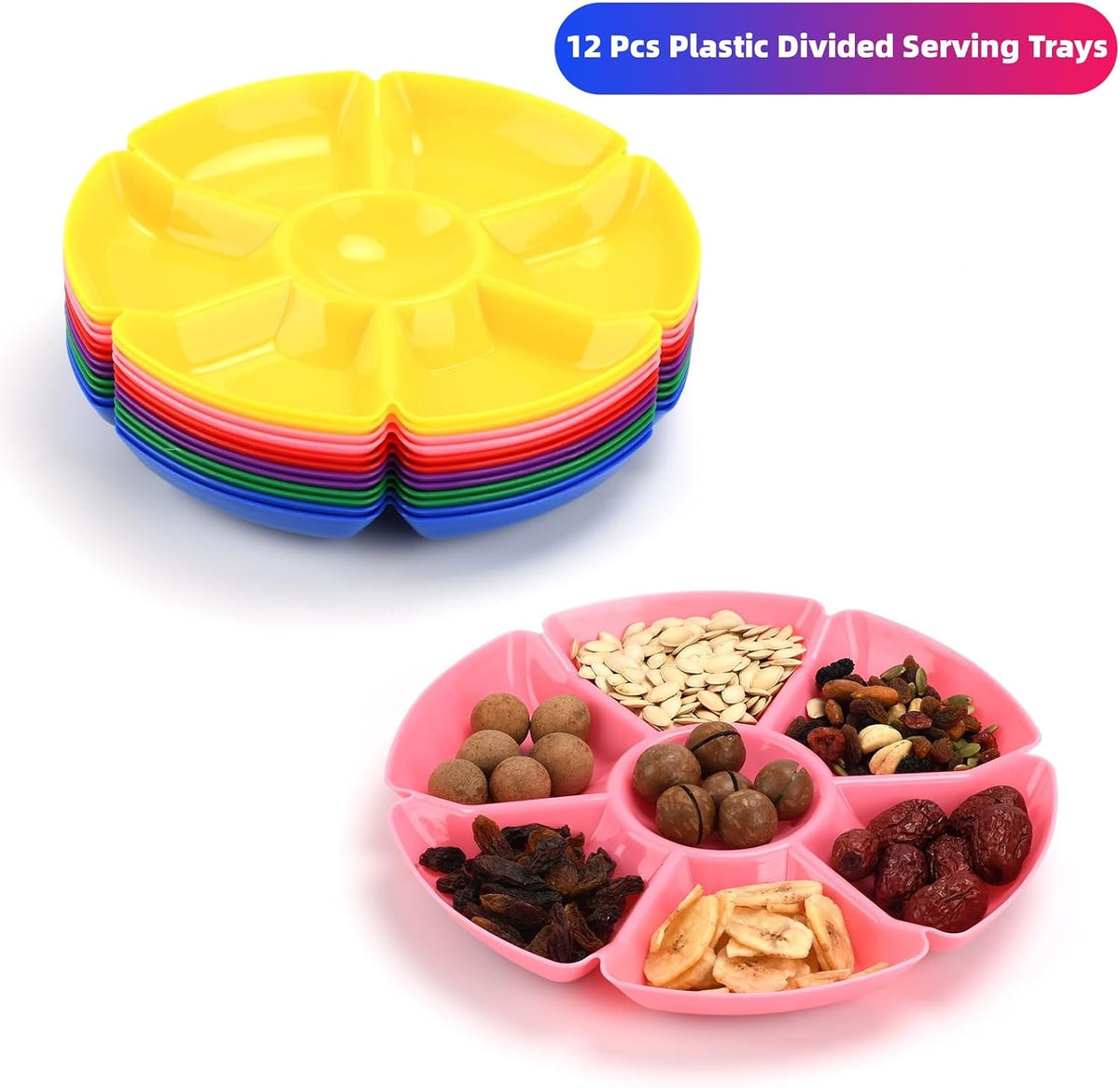 12 Pcs Plastic Snack Serving Tray, Chip and Dip Serving Tray, Sectioned, Divided Plates Platter for Snack, Nuts, Candy, Dried Fruit, Veggies