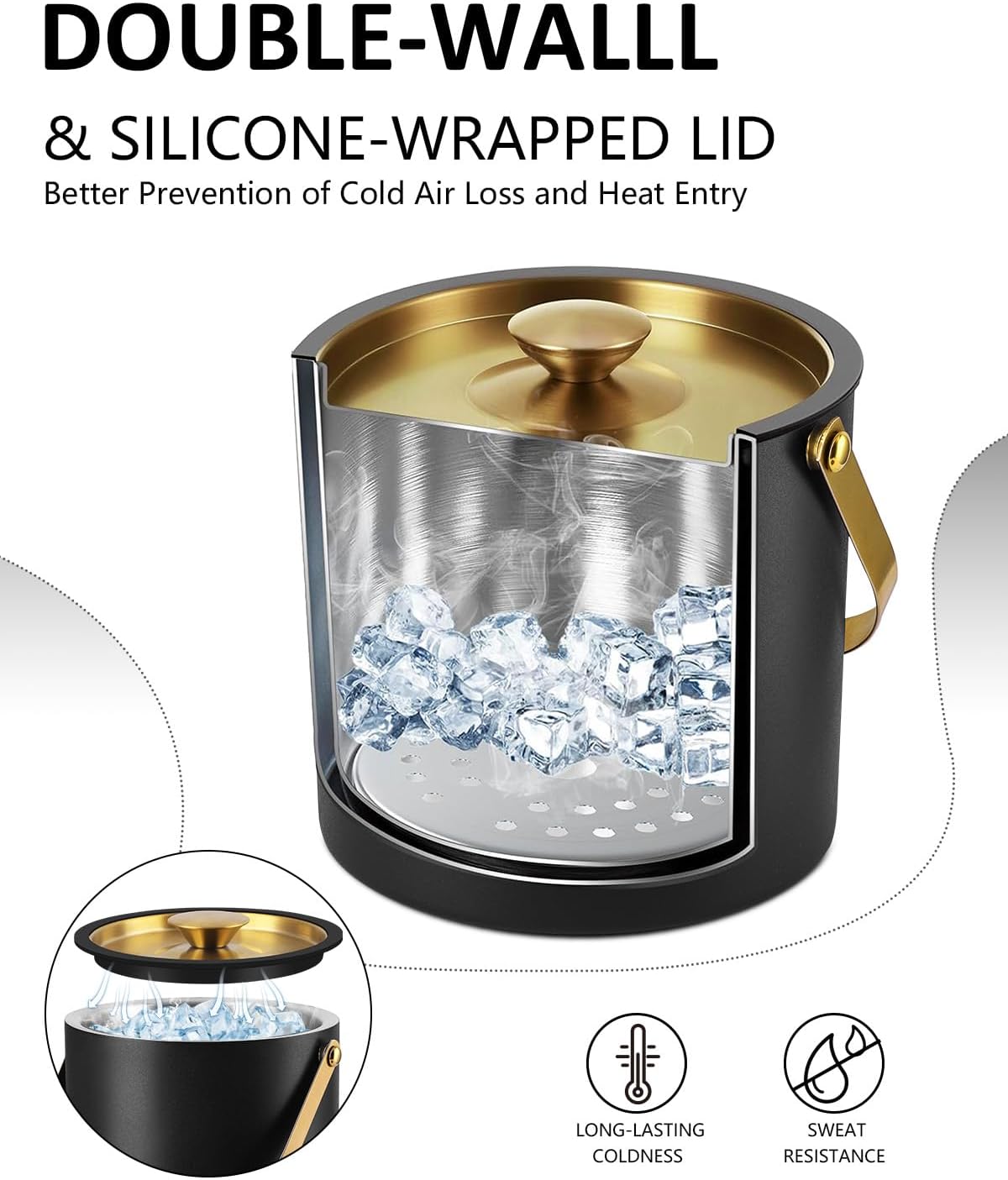 Bakpoco 3L Ice Bucket with Silicone Gold Lid, Scoop, Tongs & Strainer, Stainless Steel Double Wall Insulated Ice Buckets for Parties & Cocktail Bar, Outdoor Champagne Ice Container Bin, Black