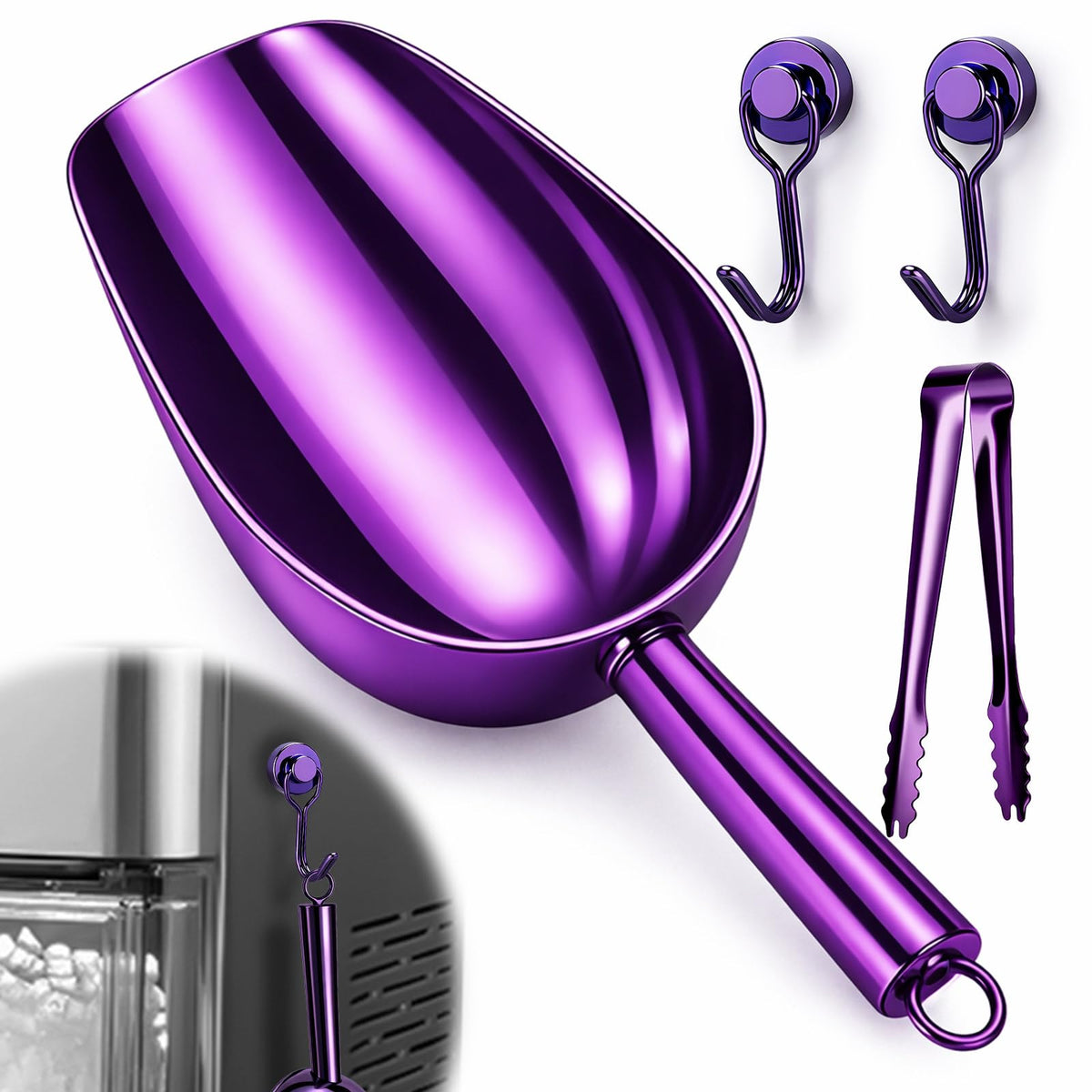 Juome 12oz Stainless Steel Ice Scoop for Freezer with Magnetic Holder