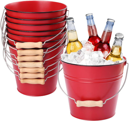 8 Pack 7 inch Red Metal Ice Bucket with Handles, 7 inch Red Serving Pail Ice Bucket, Galvanized Beer Buckets for Party, Home, Bar, and Outdoor Use