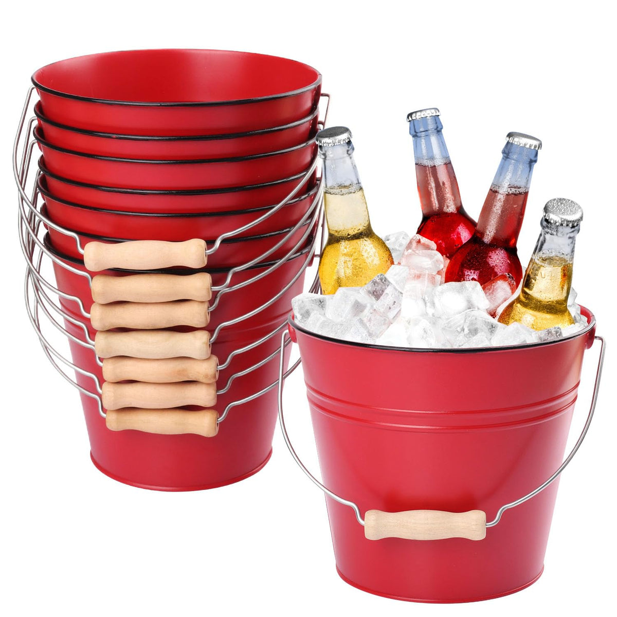 8 Pack 7 inch Red Metal Ice Bucket with Handles, 7 inch Red Serving Pail Ice Bucket, Galvanized Beer Buckets for Party, Home, Bar, and Outdoor Use