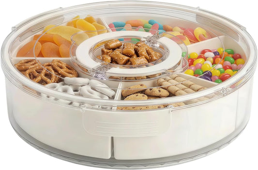 Snackle Box Container with Lid and Handle, 6-Compartment 360° Rotating Snack Tray, Portable Divided Serving Tray for Fruits Candy Nuts, Party Travel Home, 6 Compartments