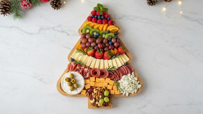 A Gift Inside Dried Fruit and Nuts Gift Basket – Gourmet Dried Apricots, Peaches, Pineapple, Kiwi, Prunes & Plums with Trail Mix – Reusable Christmas Tree Bamboo Serving Tray