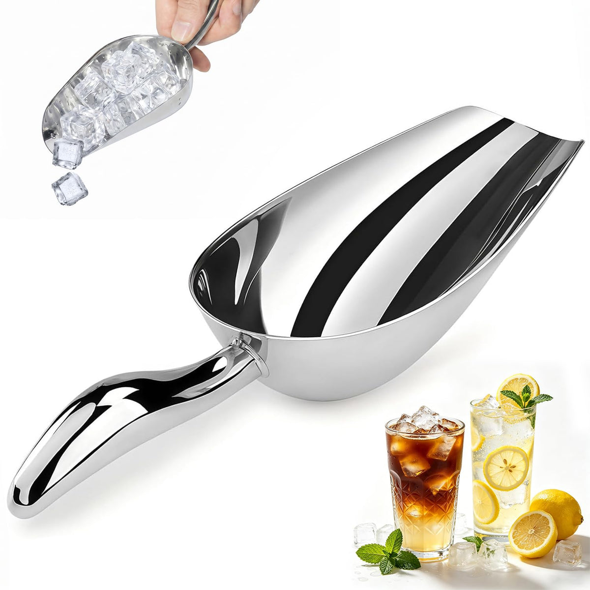 304 Stainless Steel Ice Scoop, Large 6-inch Metal Flour Scoop 50 Ounce