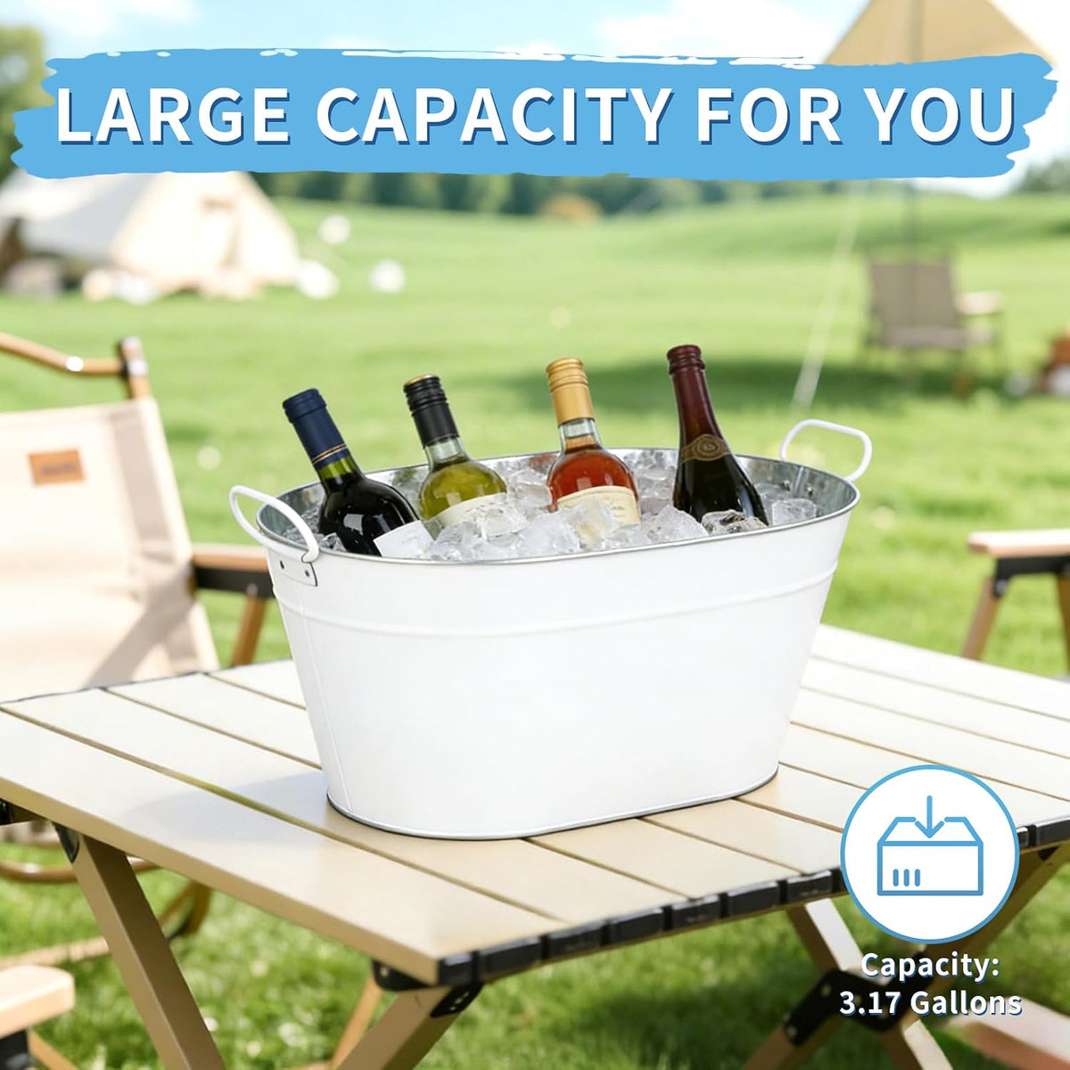 Galvanized Beverage Tub, 3 Gallon Ice Buckets Metal Drink Buckets with Handles for Champagne Cocktails Wine Beer for Catering MimosaBars Parties, White