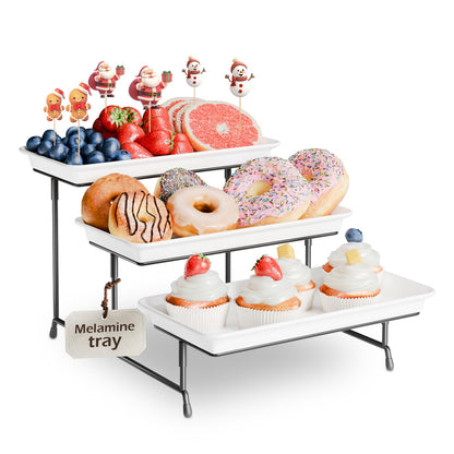 Bumusty Large 3-Tier Melamine Serving Tray Set, 17 x 8.7 in, Black Stand