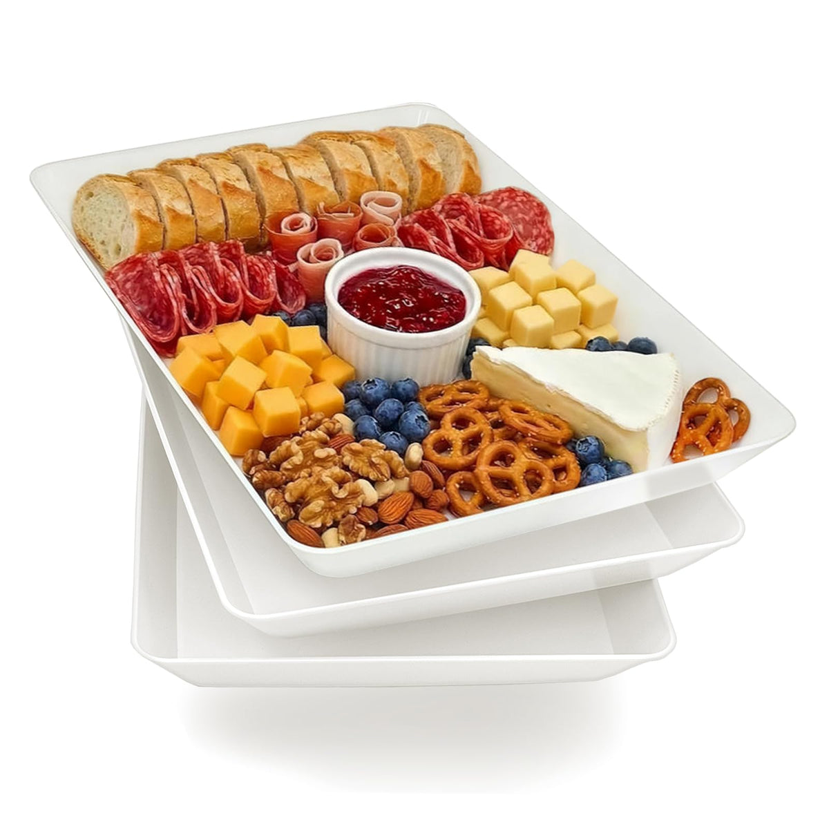 Serving Tray Platter, 4 Pack Food Tray for Veggie Fruit Snack Dessert Cookie Cheese, Food Trays for Party Supplies Display, Plastic Platters for Serving Food, Large White Trays, BPA Free