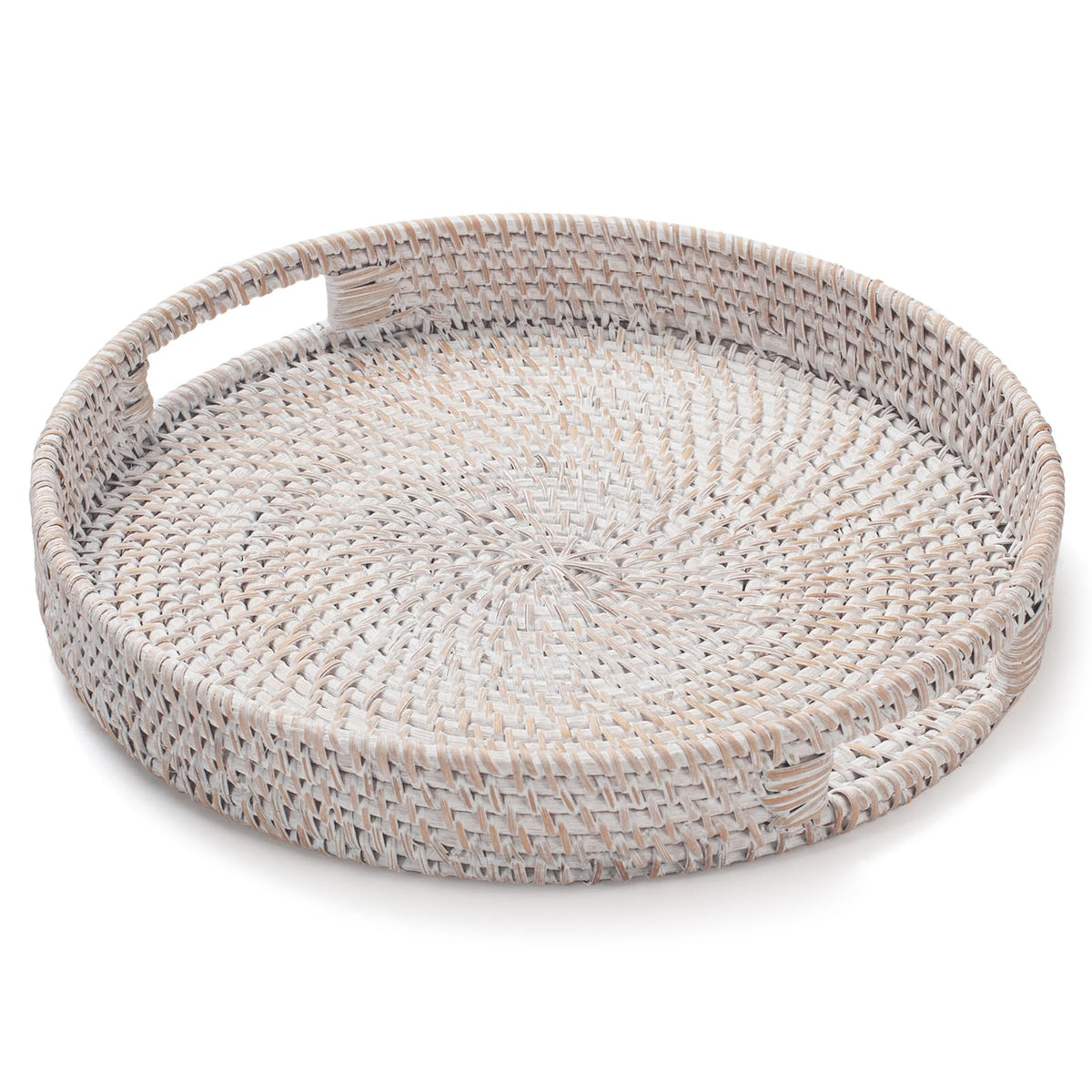 YANGQIHOME Rattan Round Serving Tray, Decorative Coffee Table Tray, Hand Woven Serving Basket with Handles, Ottoman Wicker Fruit/Bread Serving Basket, 13.8 inch