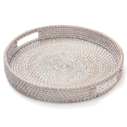 YANGQIHOME Rattan Round Serving Tray, Decorative Coffee Table Tray, Hand Woven Serving Basket with Handles, Ottoman Wicker Fruit/Bread Serving Basket, 13.8 inch