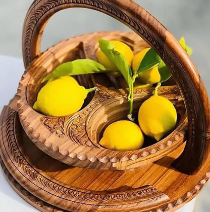 Handmade Wood Carving Fruit Plate, Wooden Folding Fruit Plate, Creative Foldable Dried Fruit Basket Collapsible Bread Nuts Baskets, Gift Basket Fruit Bowl, Triple Grid