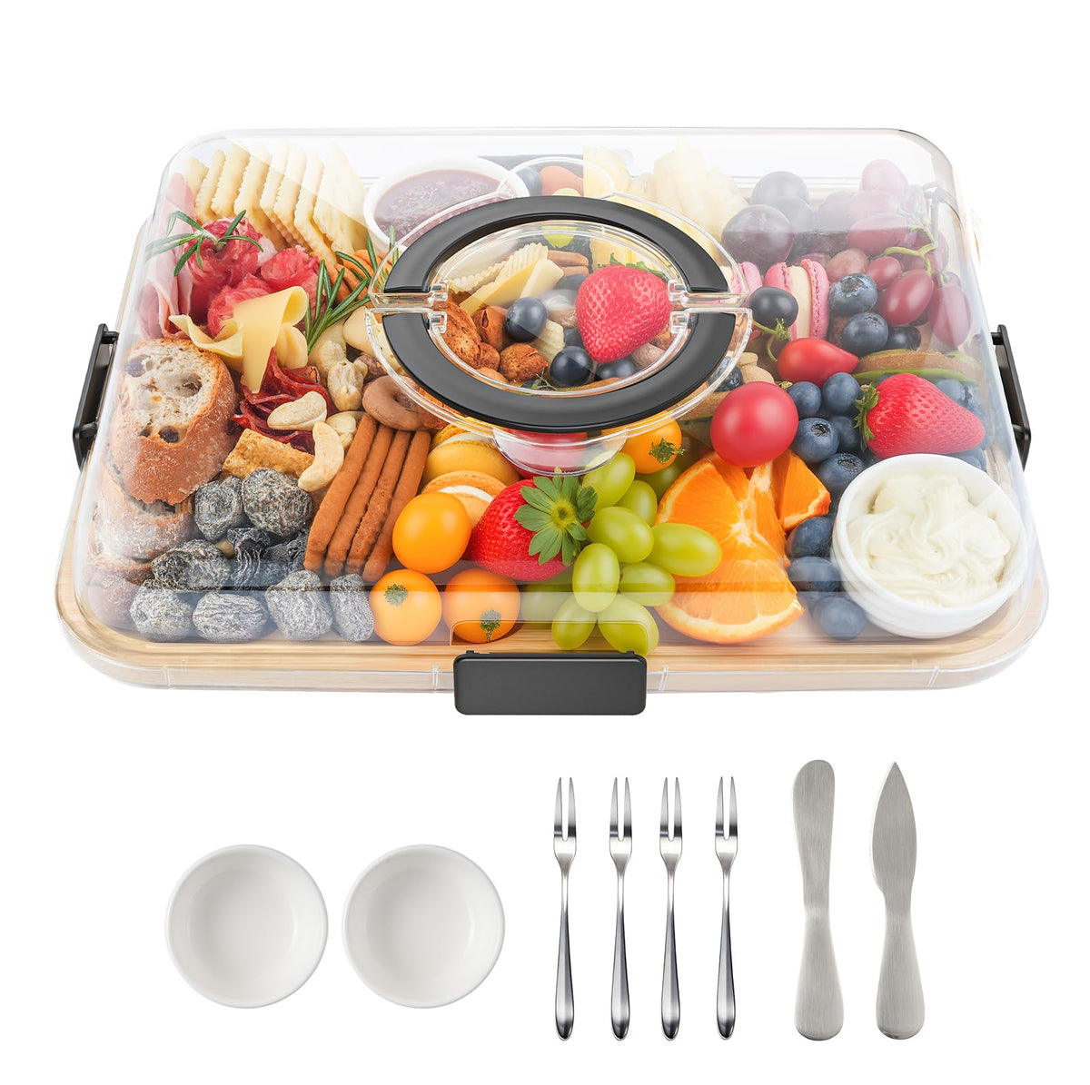 Portable Bamboo Charcuterie Board with Lid, 6 Compartments
